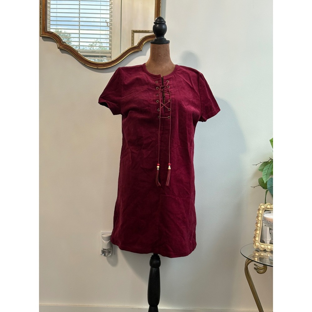 Romeo Juliet Couture Corduroy Dress Burgundy Lace Up‎ Tunic Mini Women's L